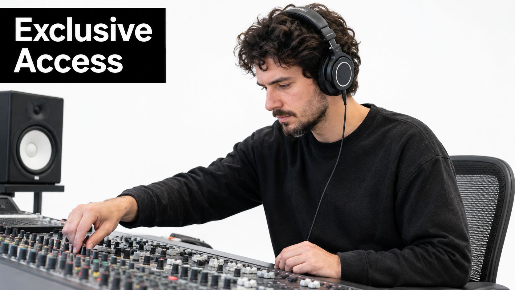 A professional music producer wearing headphones working at a large sound mixing console in a studio.