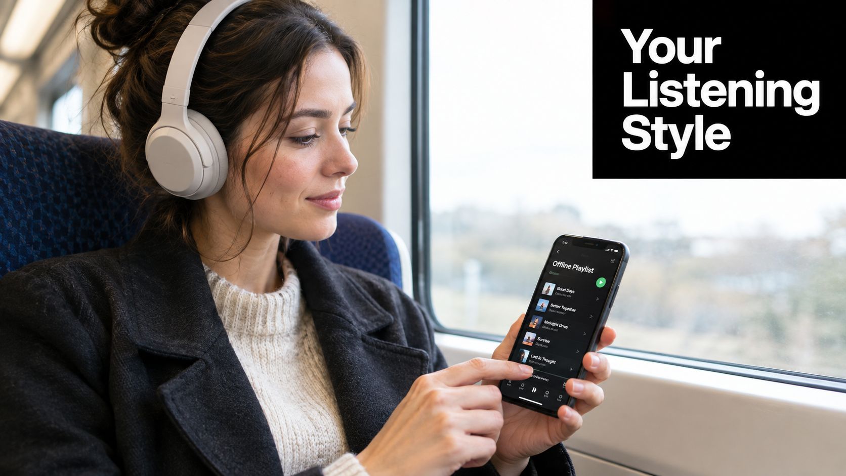A young woman wearing headphones on a train while using a music playlist on her smartphone.