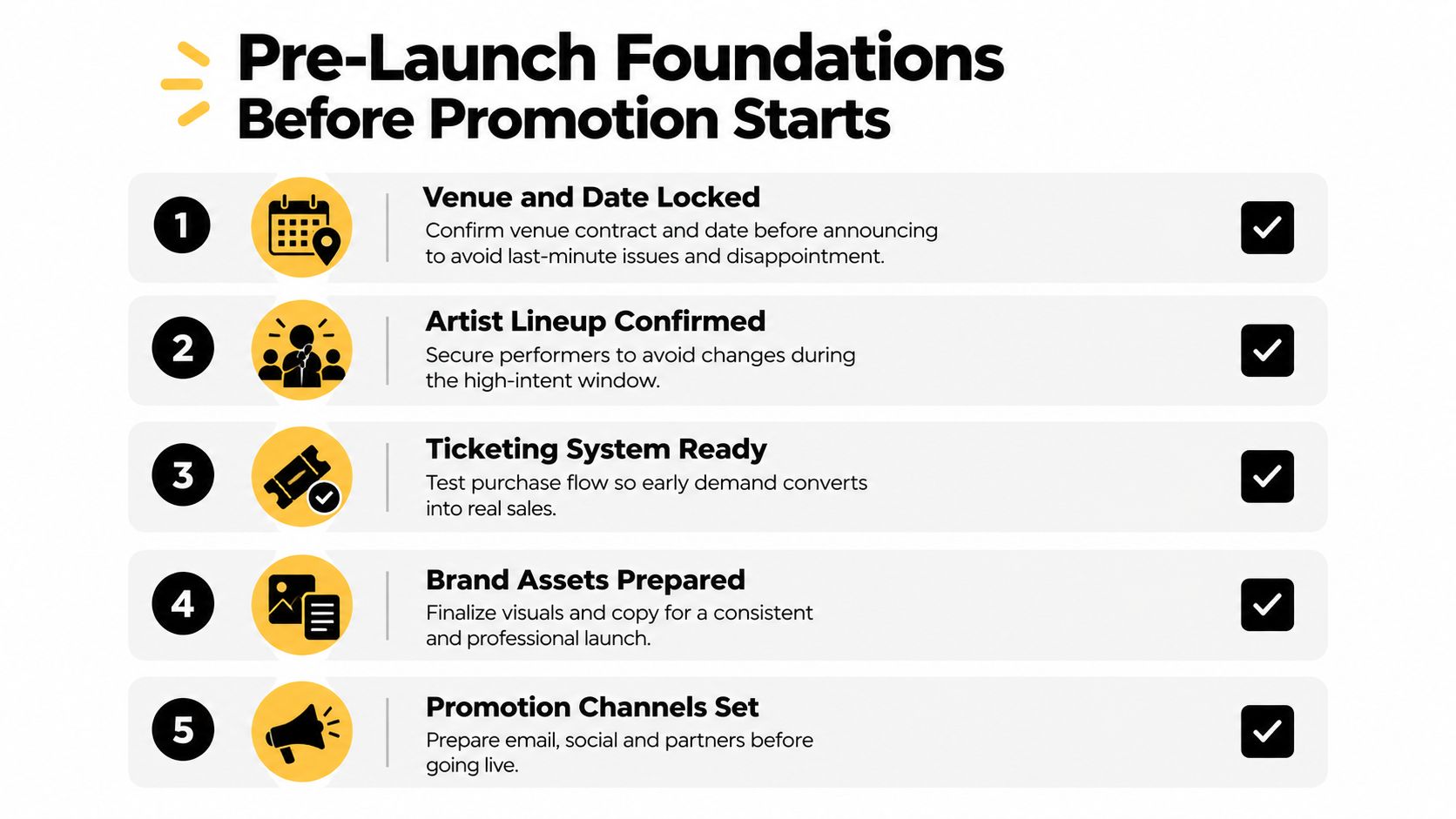 A checklist infographic titled Pre-Launch Foundations for events, listing five essential steps for successful event planning.