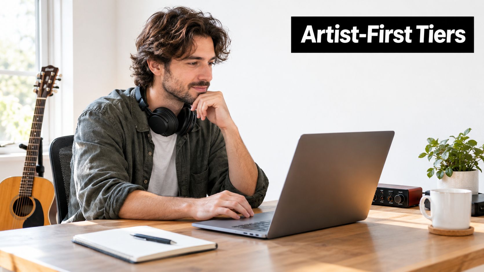 A young man with headphones sitting at a wooden desk working on a laptop near a guitar.
