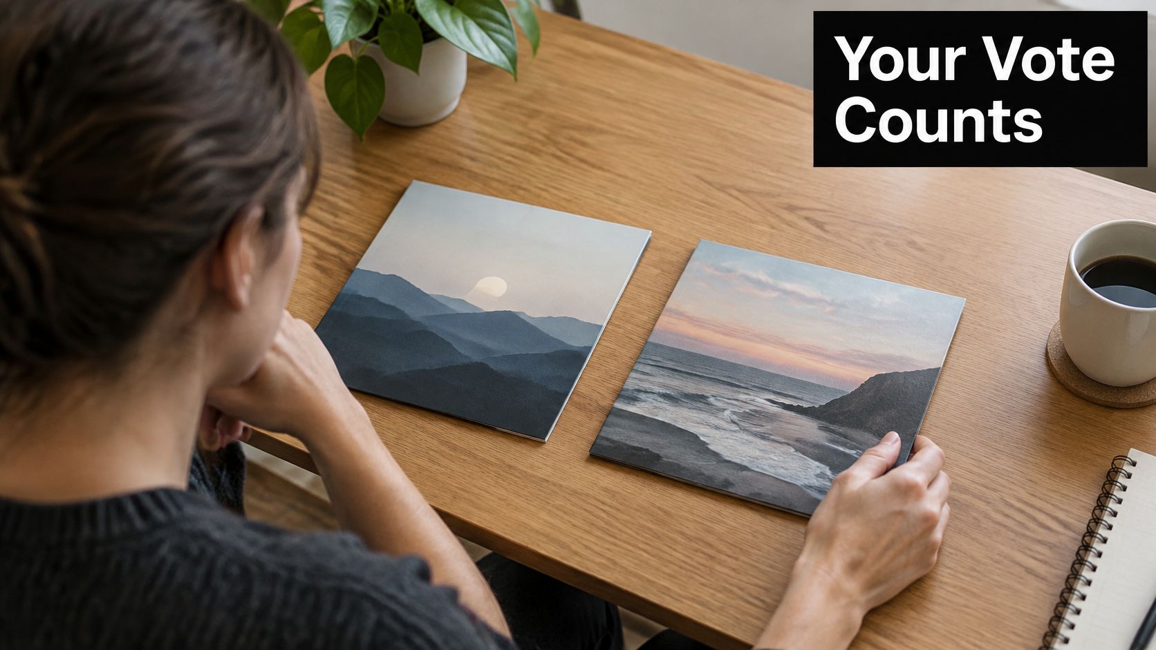 A woman reviewing two printed landscape photographs on a wooden desk to decide on a design.
