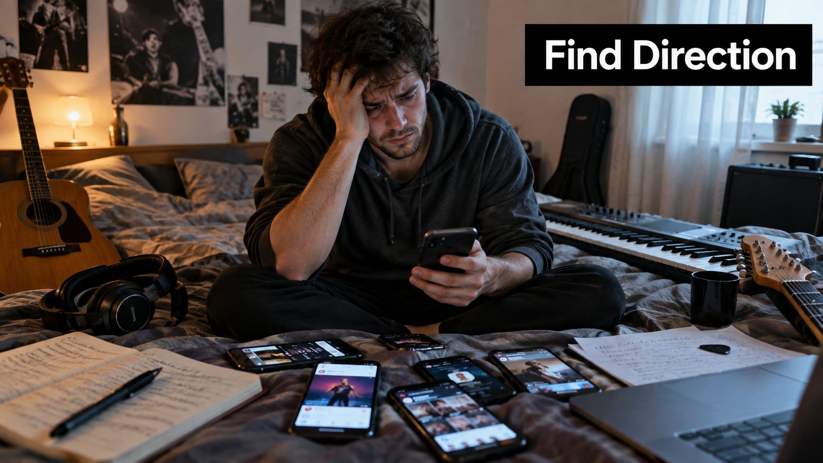 A young musician sitting on a bed looking stressed while holding his smartphone surrounded by multiple mobile devices.