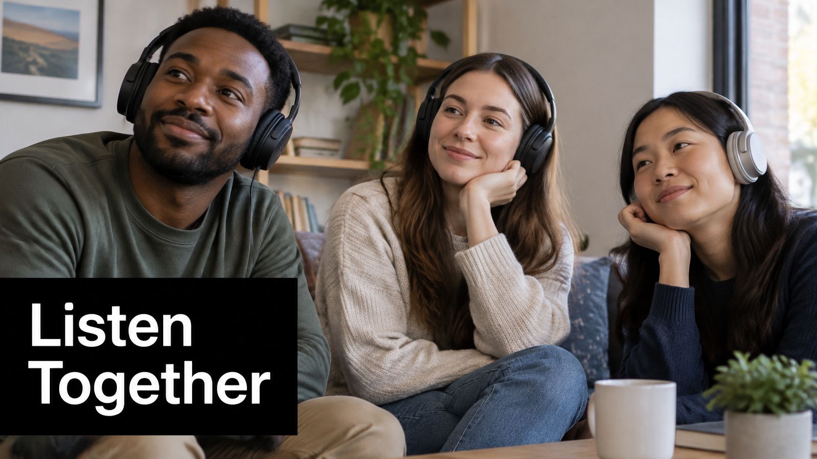 A diverse group of three friends sitting on a couch while wearing headphones listening together.