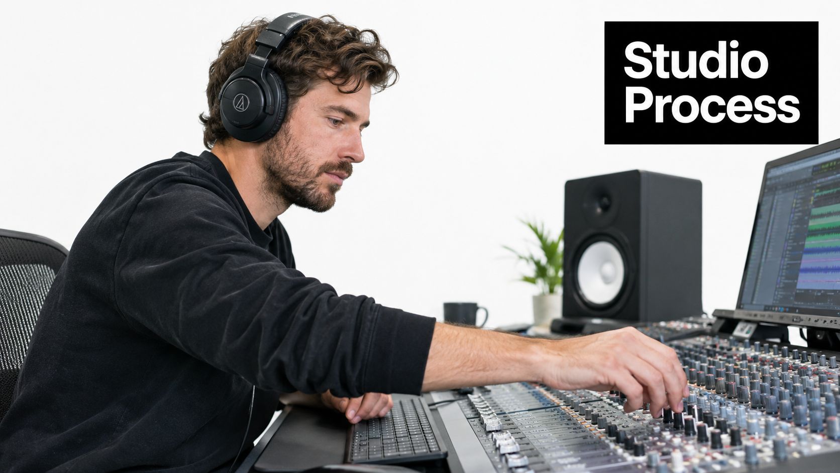A professional music producer working at a studio sound mixing console with headphones on