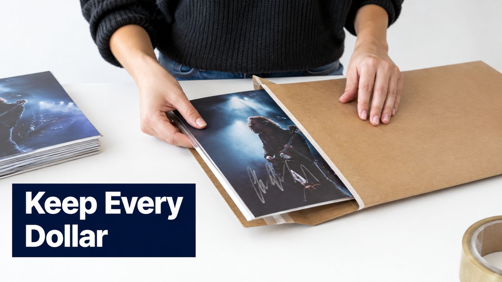 A person placing an autographed concert photo into a brown shipping envelope on a white desk.