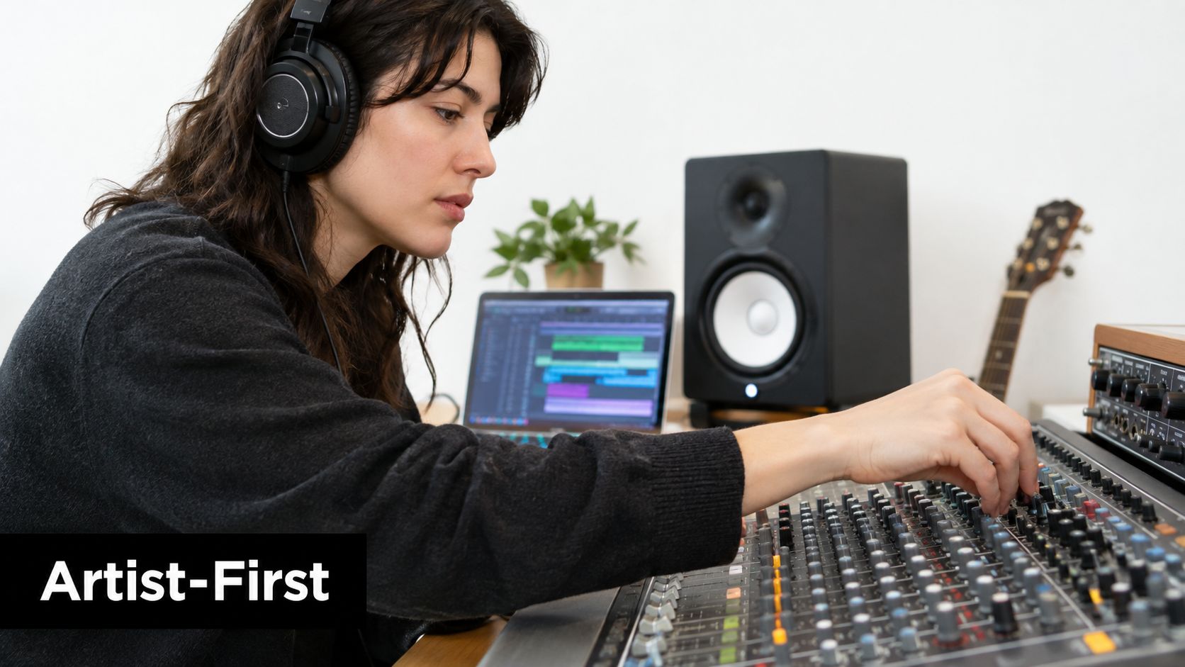 A focused female music producer wearing headphones adjusting controls on a sound mixing console in her studio.