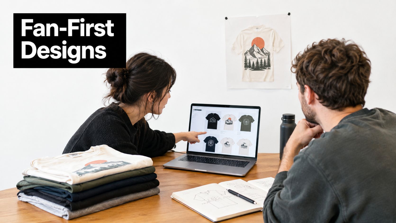 A designer and a business partner review clothing designs on a laptop while working on merchandise.