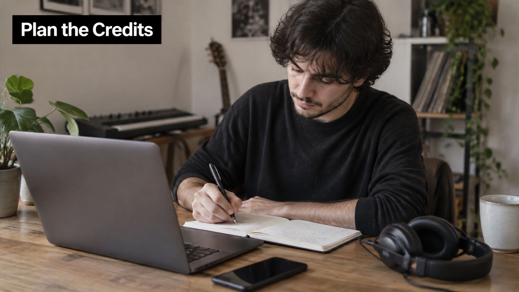 A young man with curly hair writing in a notebook while working at his desk with laptop.