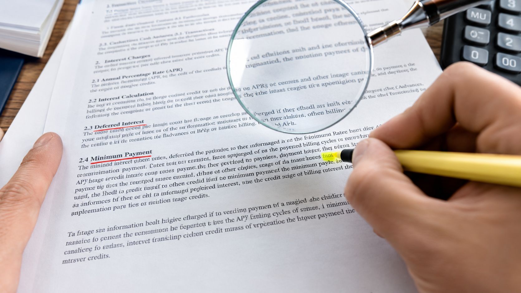 A person highlights the minimum payment section of a credit card agreement with a magnifying glass.