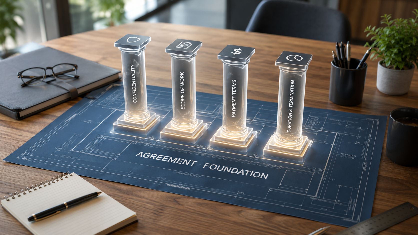 A conceptual desk setup with four glowing pillars representing key components of software development agreements on a blueprint.