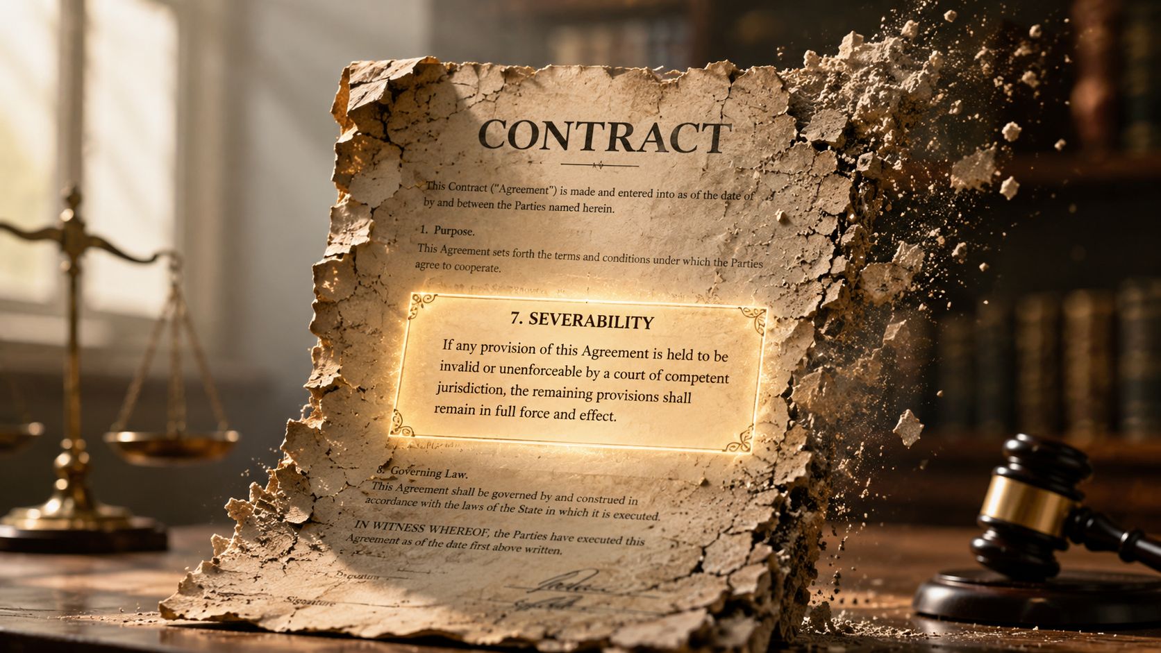 An ancient, crumbling contract on a wooden table with a highlighted severability clause and legal scales.