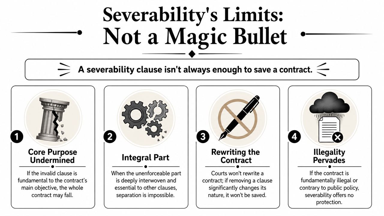 An infographic illustrating four reasons why a severability clause may not protect an entire legal contract.