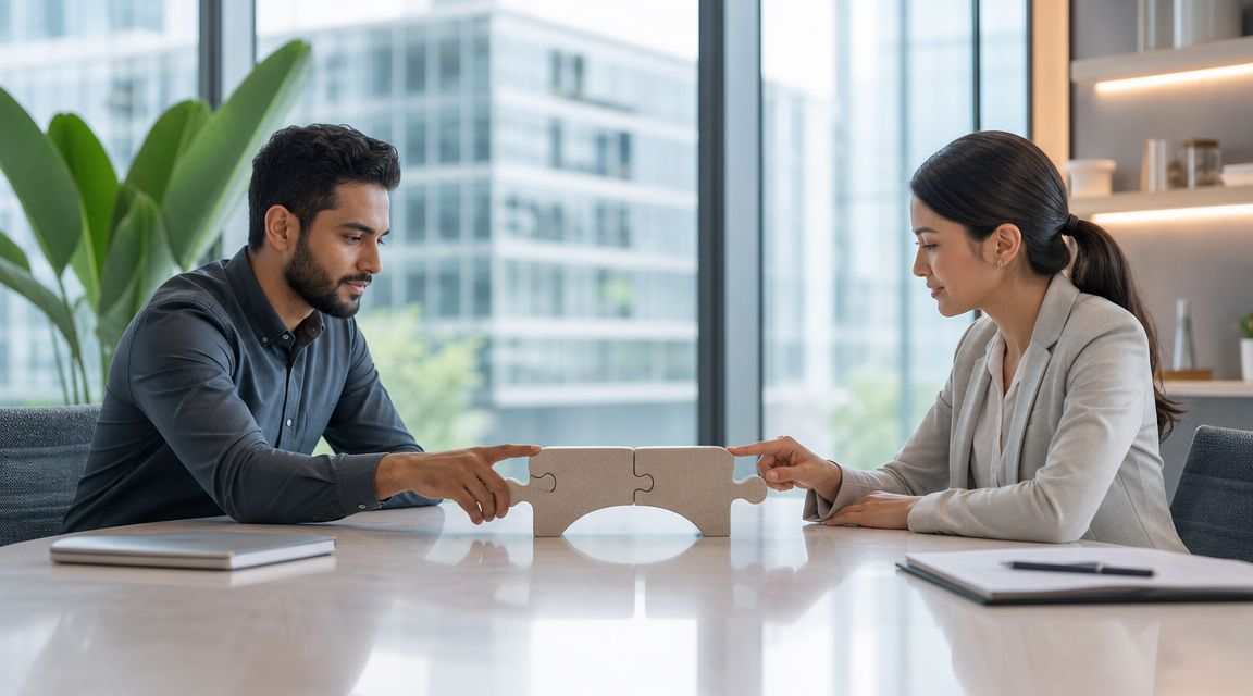 A professional man and woman sitting at a table joining two large puzzle pieces together.
