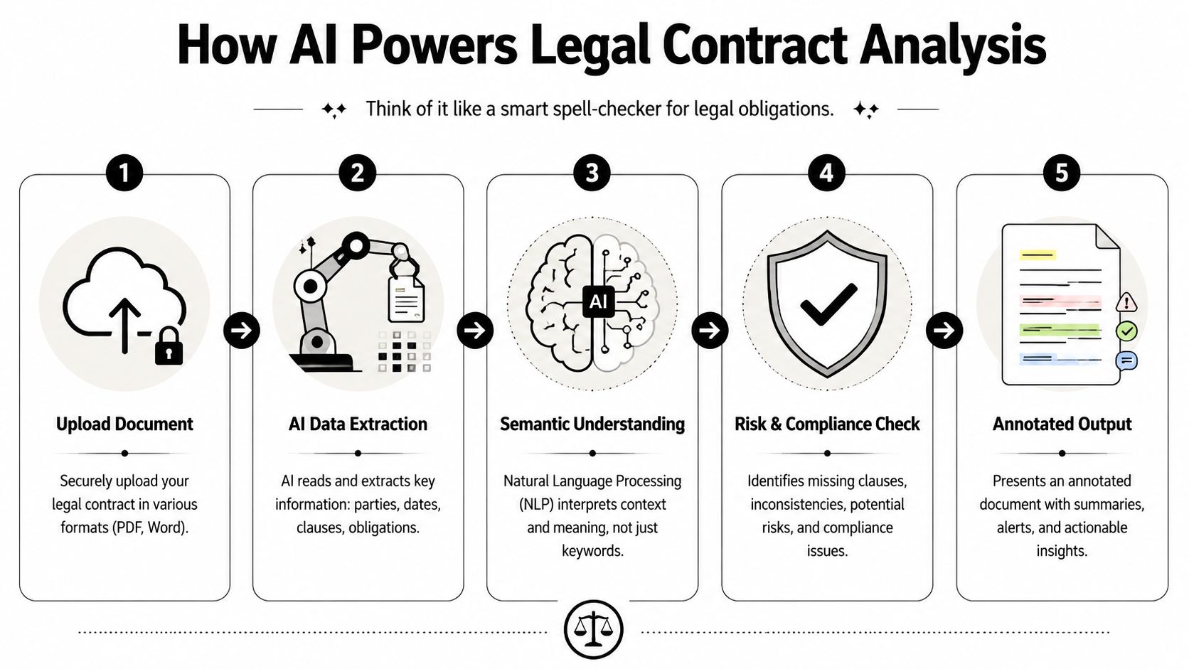 A five-step infographic explaining how artificial intelligence technology powers the automated analysis of complex legal contracts.