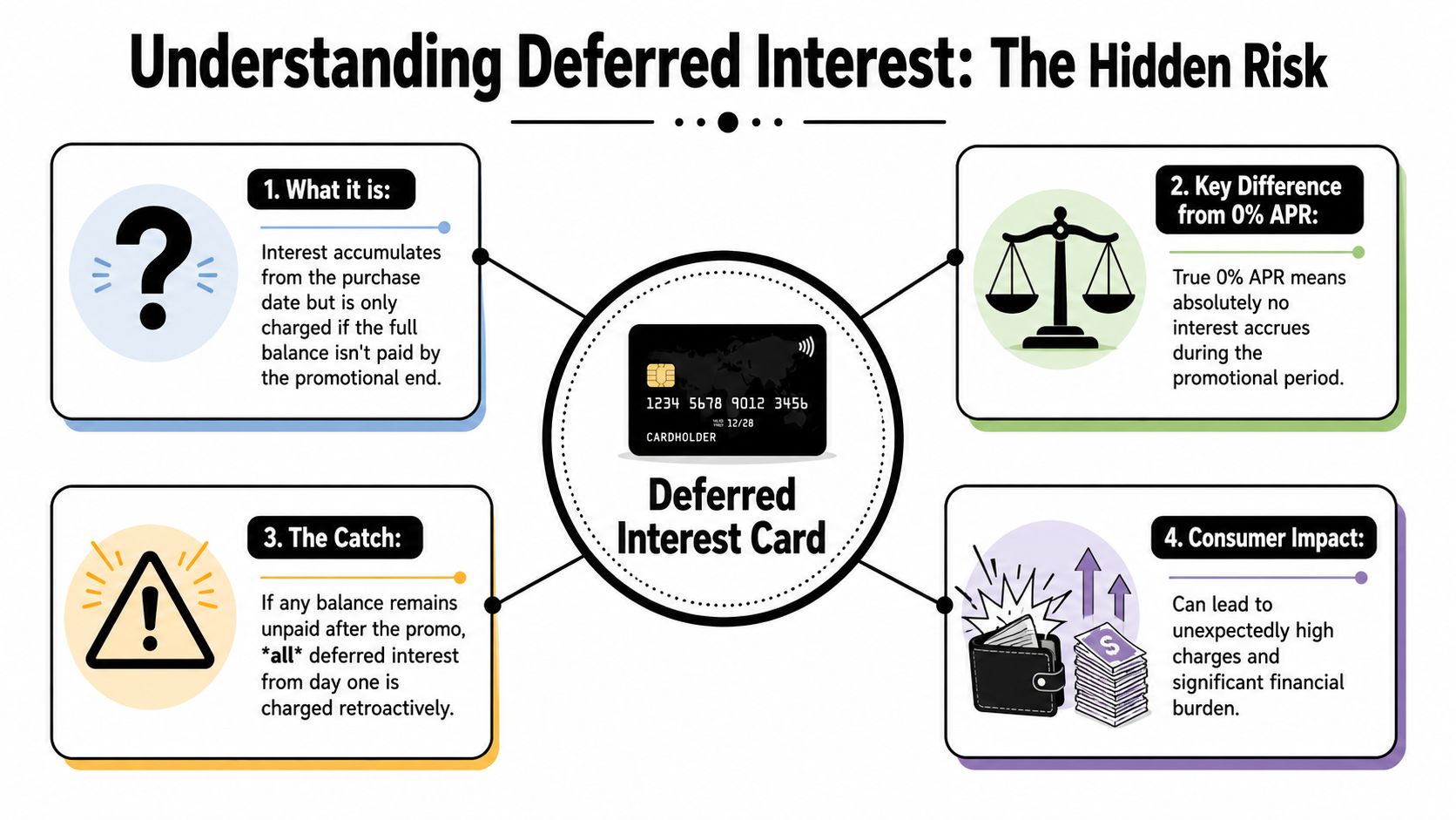 An infographic explaining how deferred interest works on credit cards, highlighting the risks of retroactive charges.