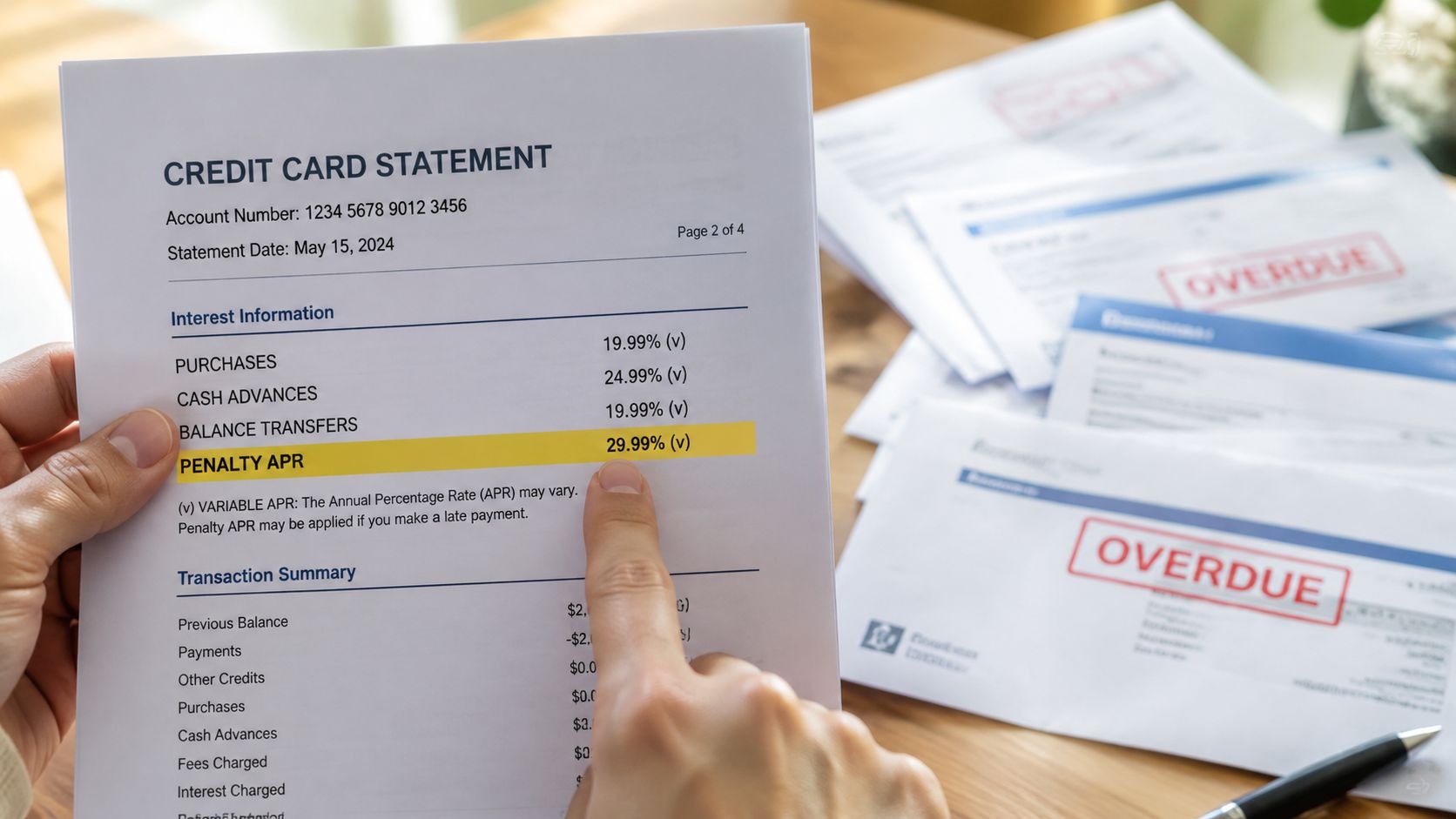A person holding a credit card statement showing a penalty APR rate highlighted in yellow on paper.