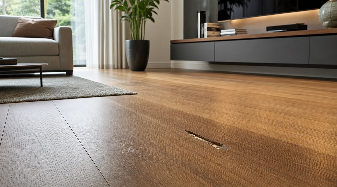 A deep gouge and damage on a wooden floor in a modern living room setting