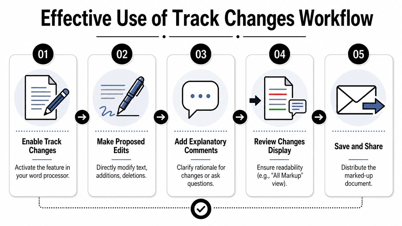 A five-step infographic showing the effective workflow for using the track changes feature in document processing.