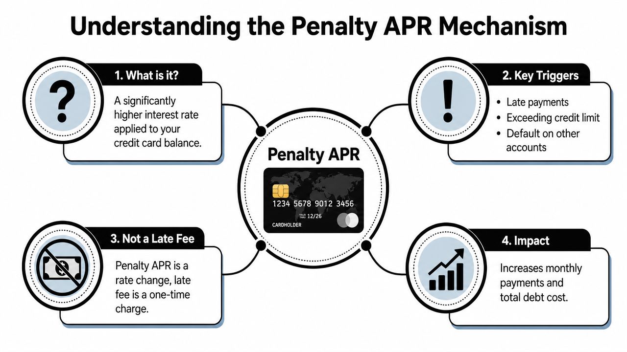 An infographic explaining the Penalty APR mechanism including definition, triggers, distinctions, and financial impacts.