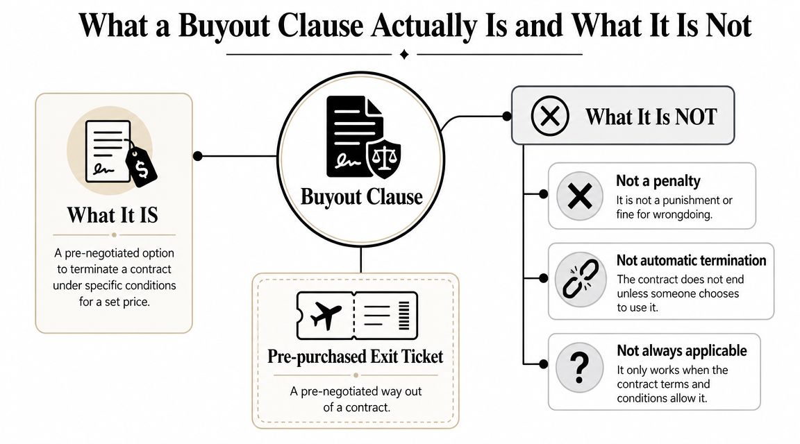 An infographic explaining a buyout clause as a pre-negotiated option to terminate a contract for a fee.