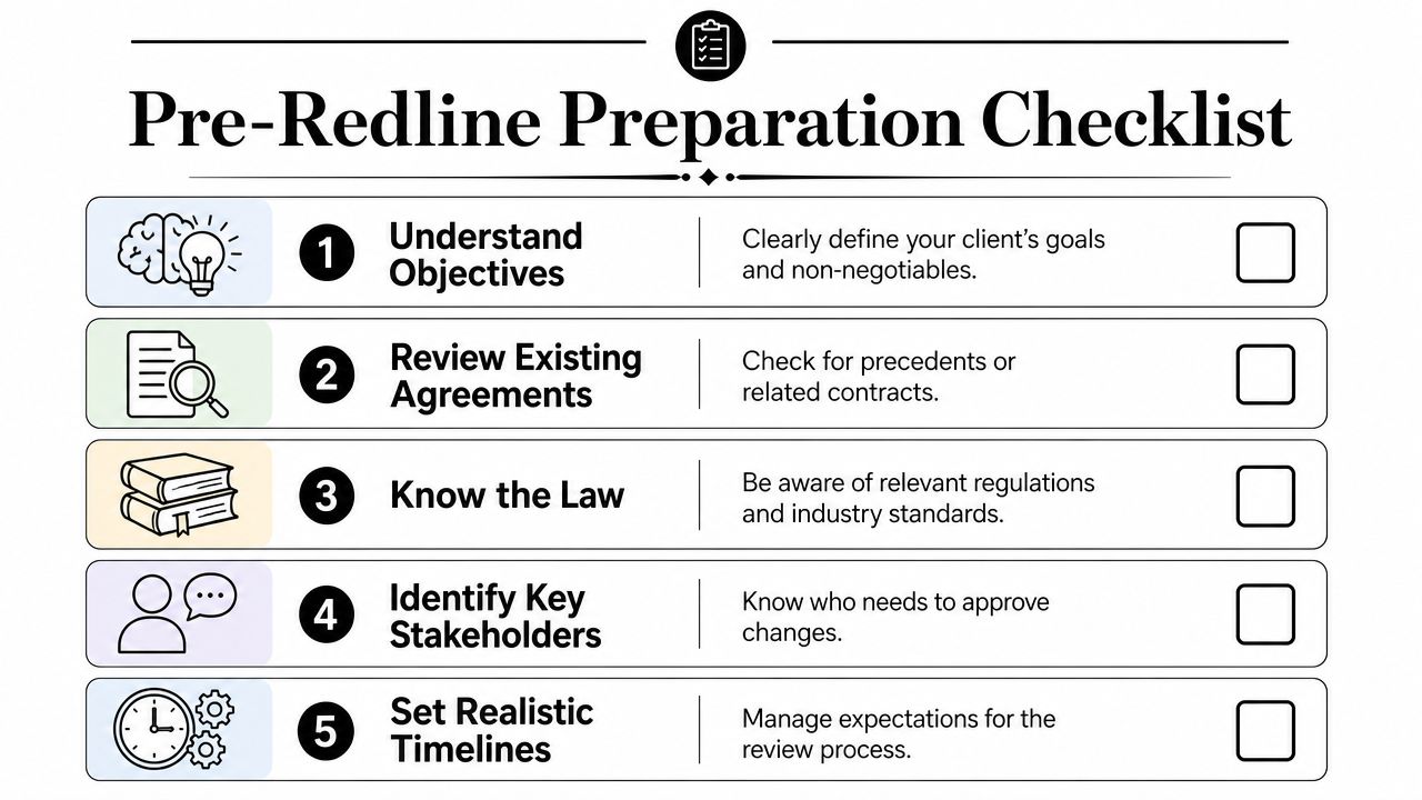 A checklist for legal professionals outlining five essential steps for pre-redline preparation of business contracts.