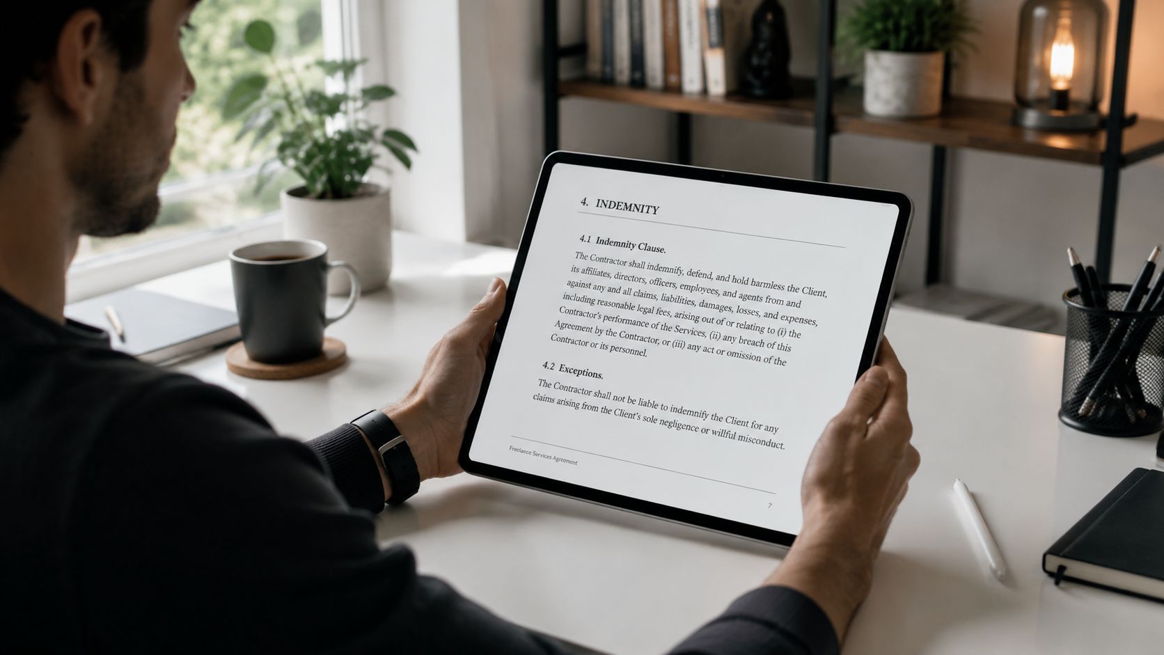 A person reading an indemnity clause on a digital tablet in a bright, modern home office.