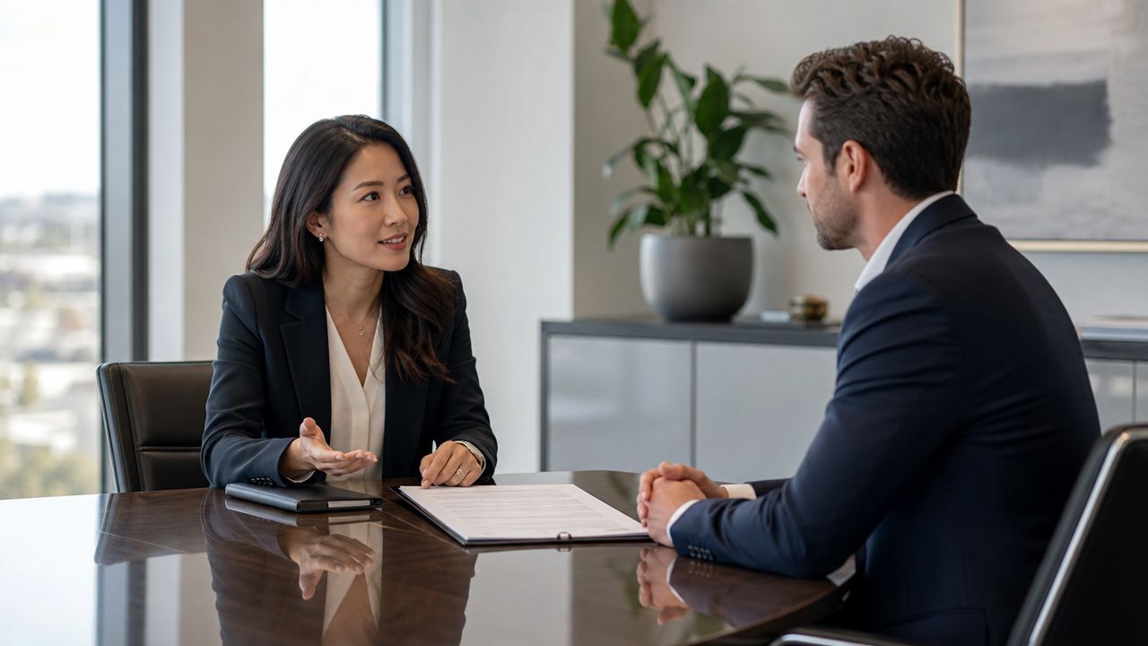 A professional woman and a man in business suits having a meeting at a conference table.