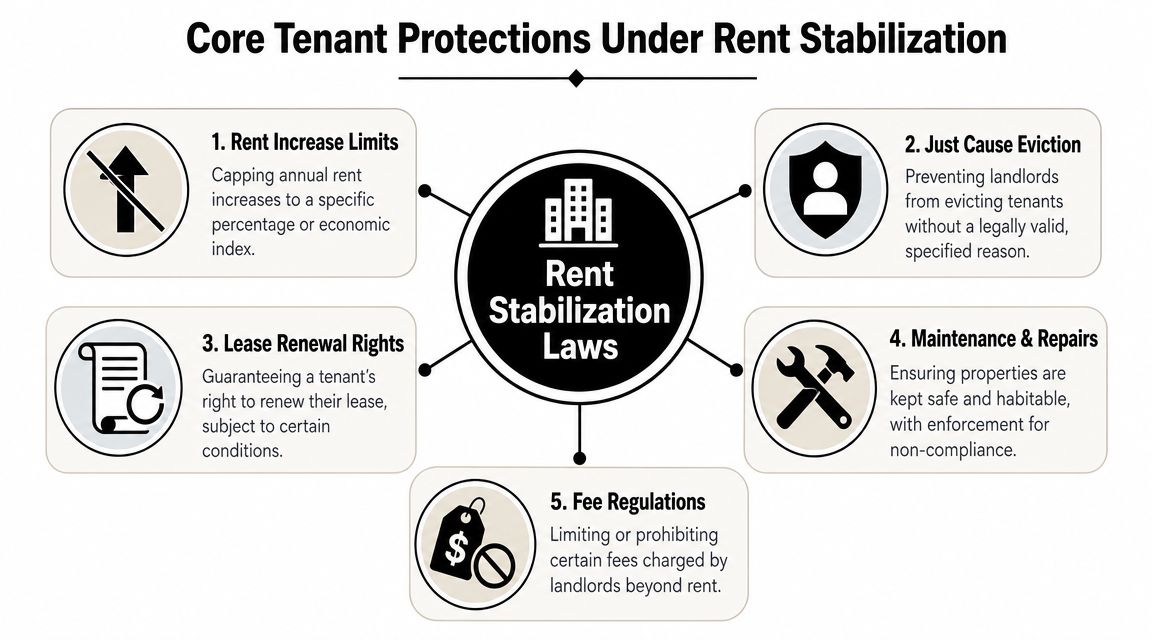 An infographic showing five core tenant protection laws under rent stabilization policies like eviction and rent limits.