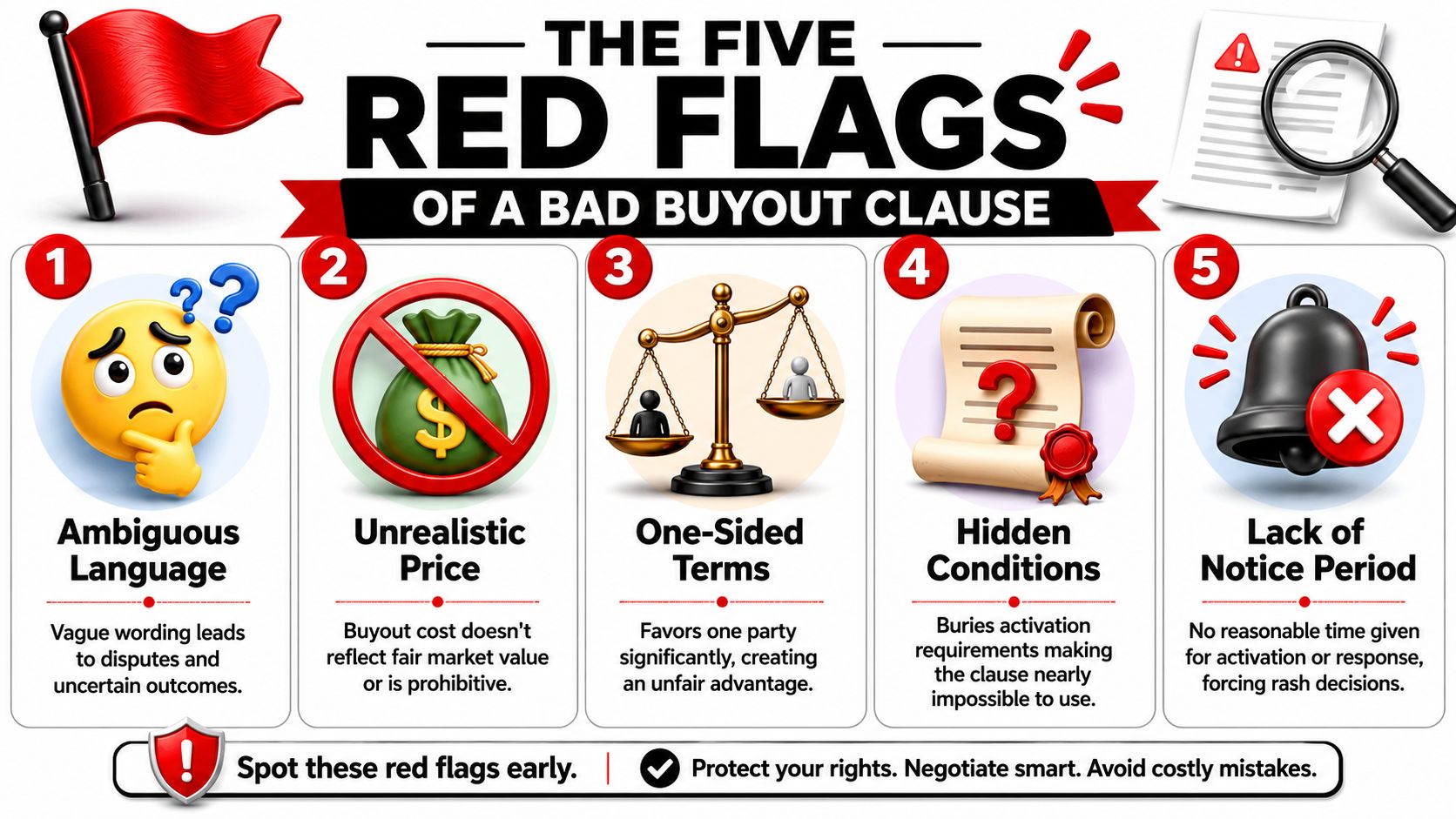 An infographic detailing five red flags in a buyout clause, highlighting risks in contract legal terms.
