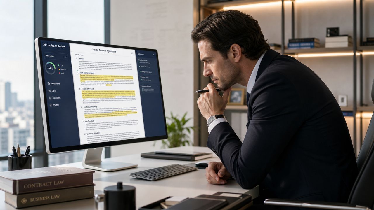 A professional man in a suit using AI software to analyze a legal document on his computer screen.