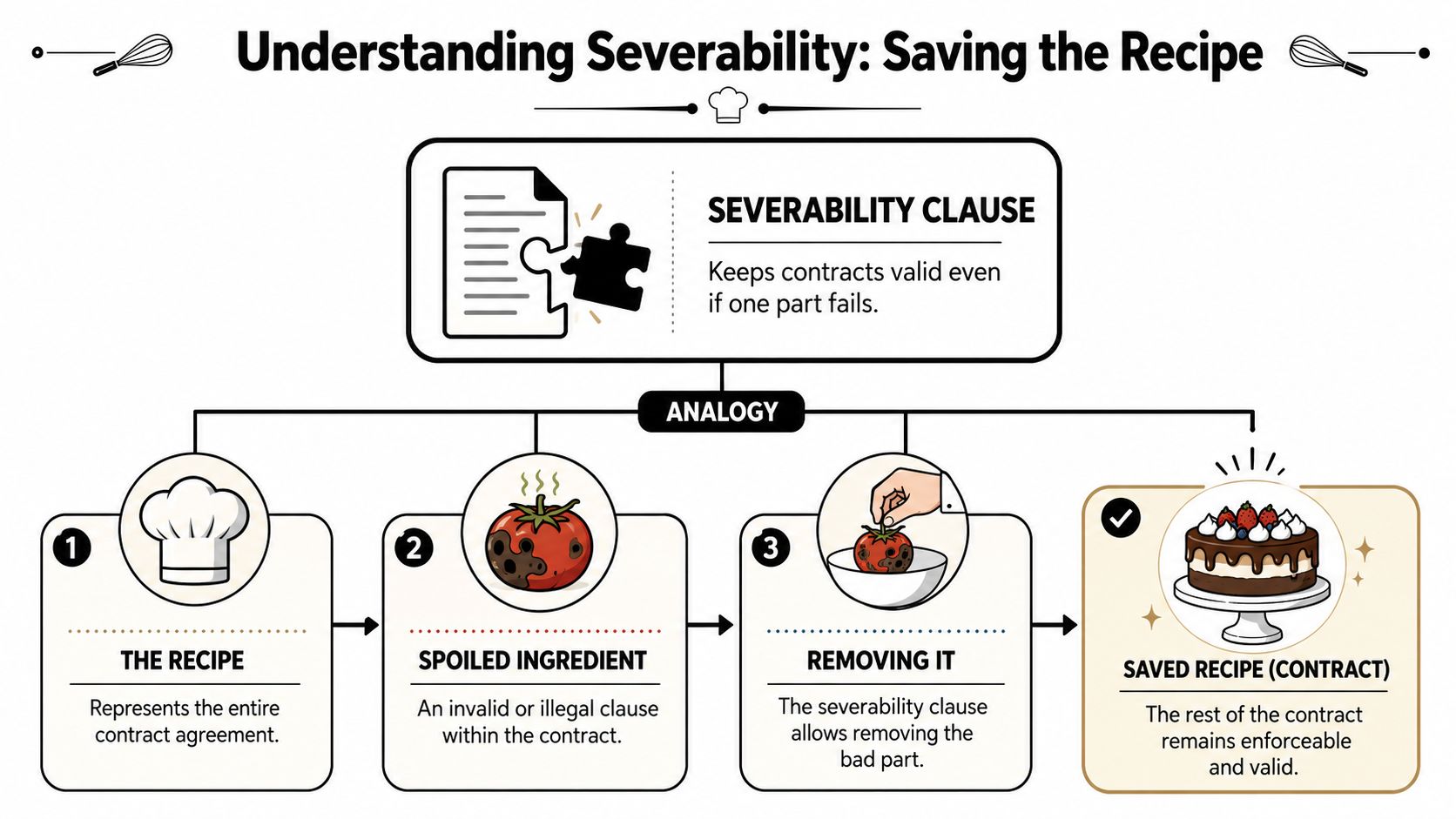 An infographic explaining the legal concept of severability using a cooking analogy of removing a spoiled ingredient.