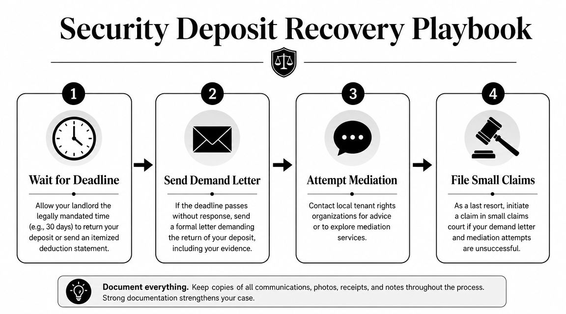 A flowchart guide illustrating four essential steps for tenants to recover an unpaid security deposit.