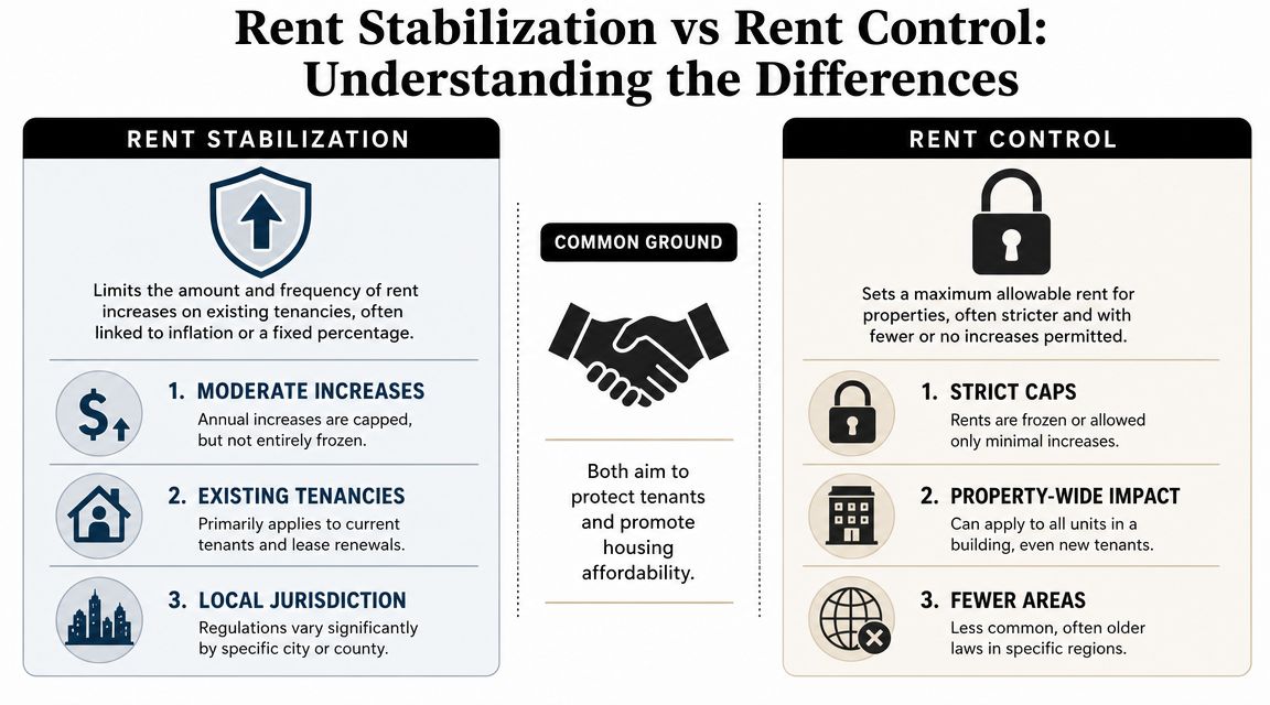 A comparison infographic explaining the differences between rent stabilization and rent control housing policies.