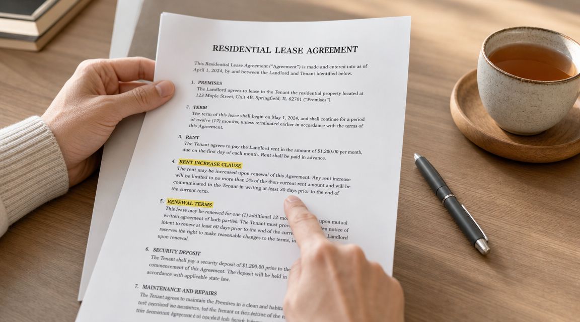 A person reading a residential lease agreement document on a wooden desk with a coffee cup.