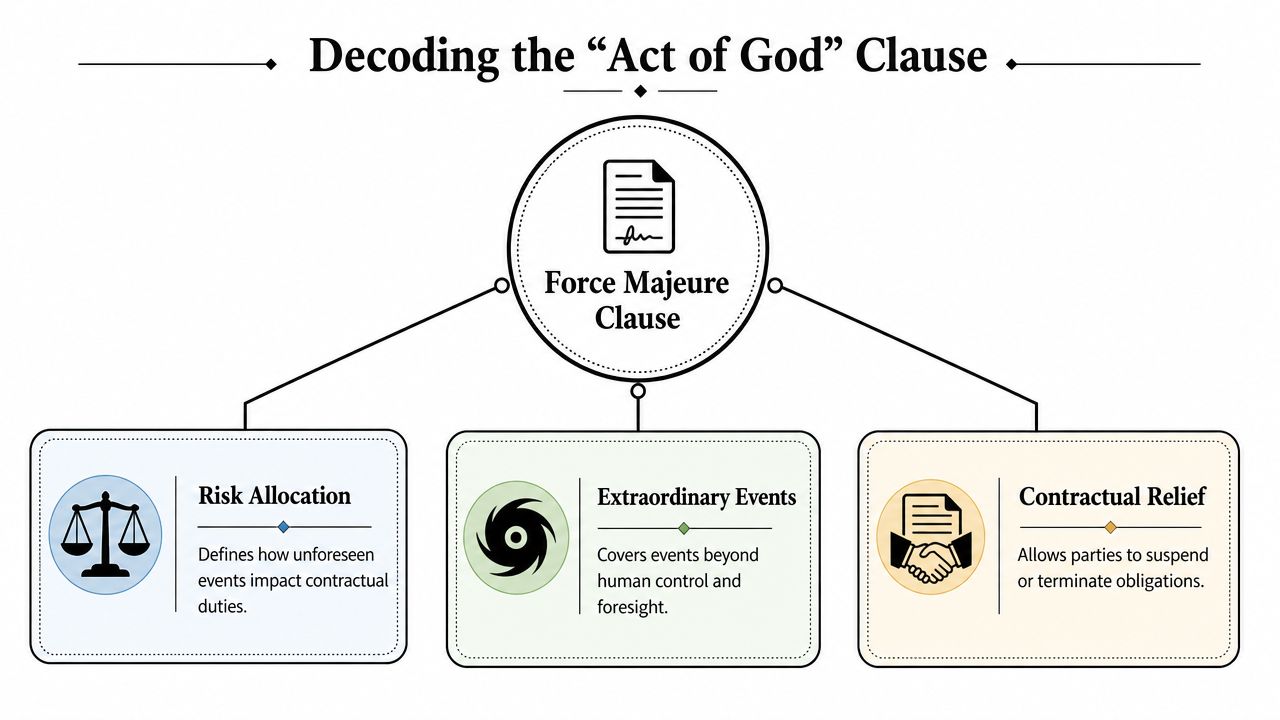 A diagram titled Decoding the Act of God Clause explaining Risk Allocation, Extraordinary Events, and Contractual Relief.