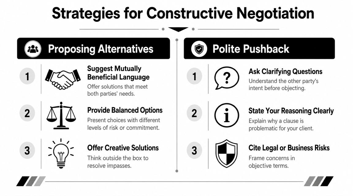 A professional infographic outlining six constructive negotiation strategies including proposing alternatives and polite pushback for contract discussions.