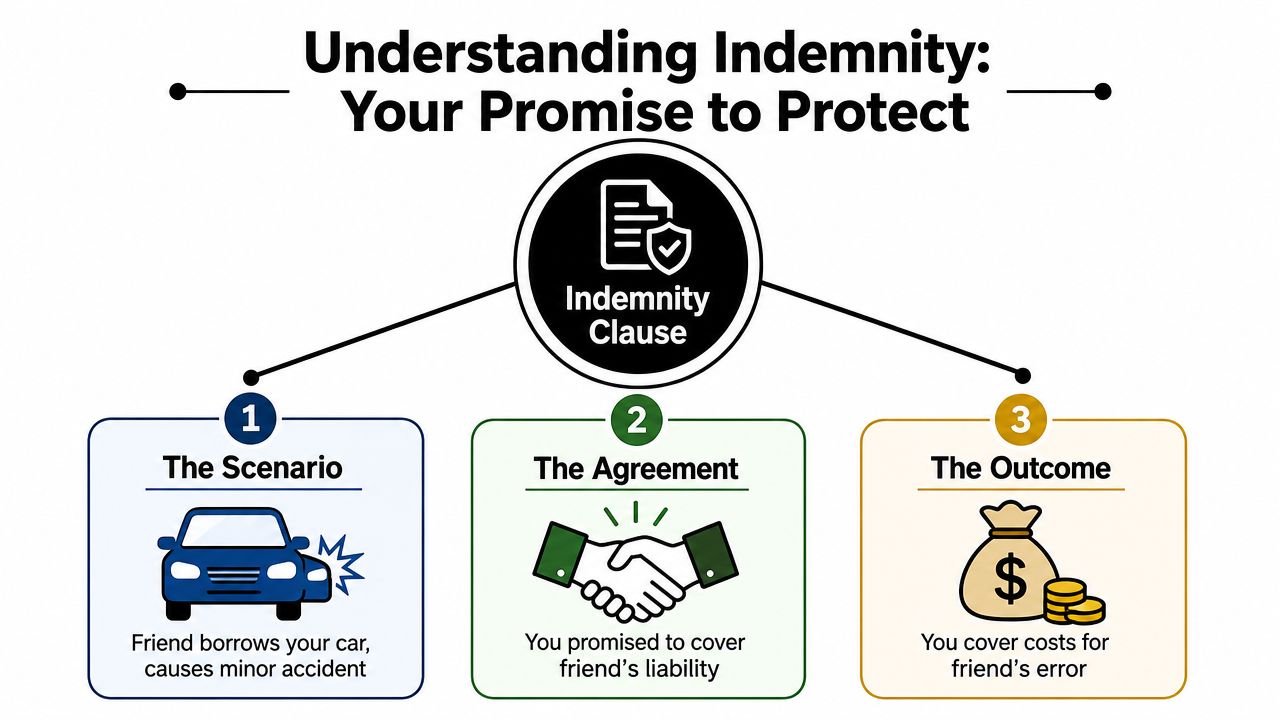 An infographic explaining the meaning of an indemnity clause using a car accident scenario example.