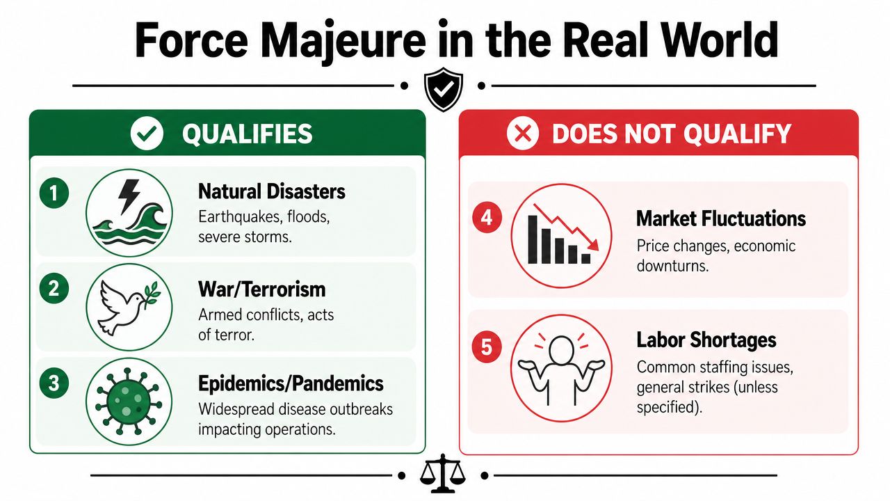 An infographic comparing examples of events that qualify and do not qualify for force majeure clauses.