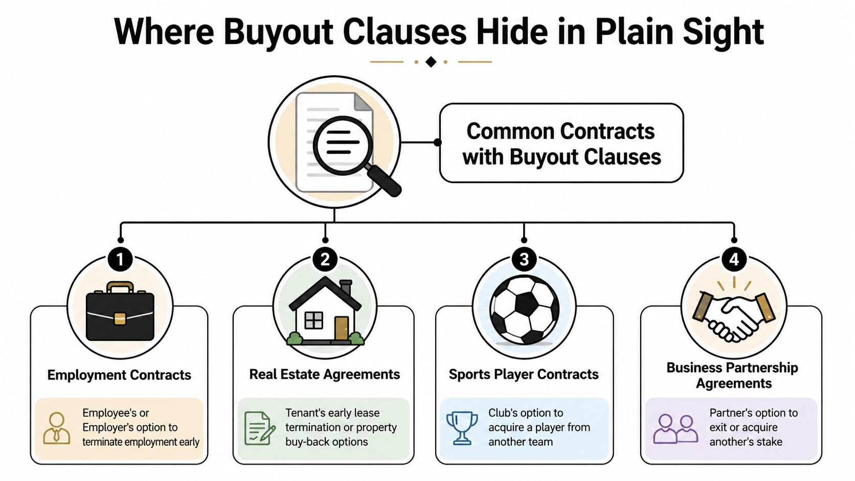 An infographic showing four common types of contracts that include buyout clauses: employment, real estate, sports, and partnerships.