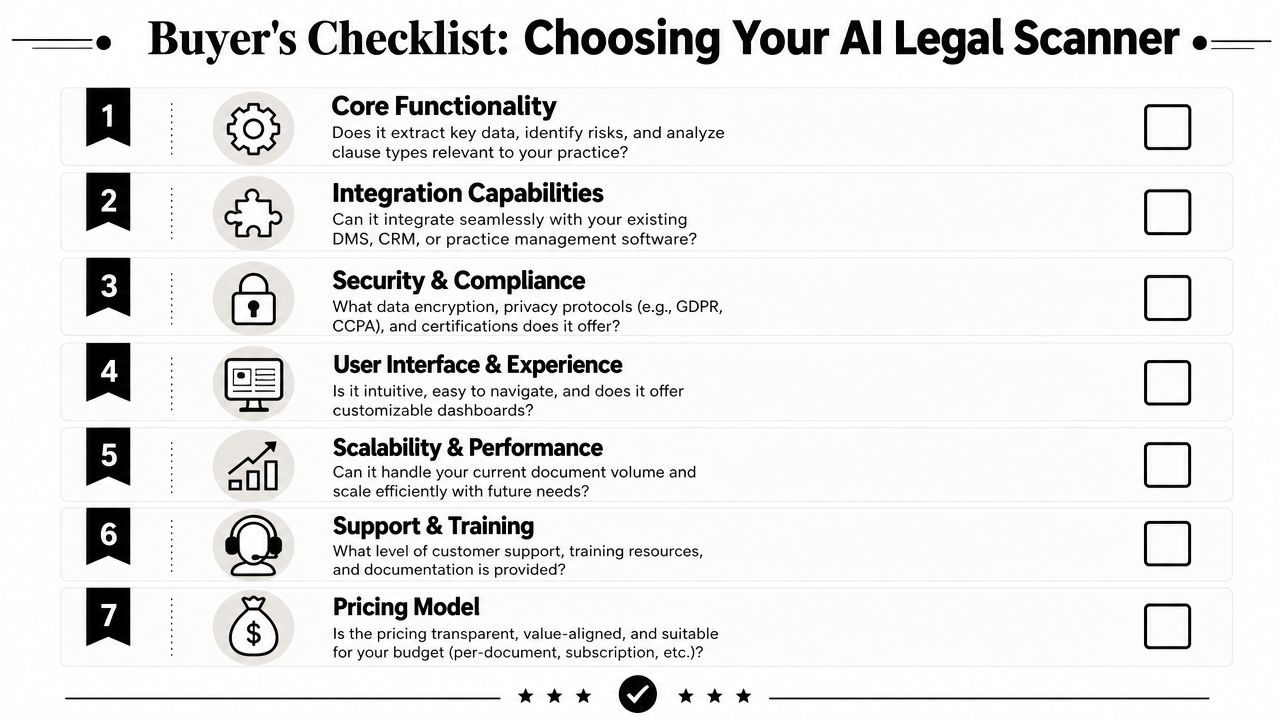 A checklist infographic titled Buyer's Checklist for Choosing Your AI Legal Scanner with seven key evaluation criteria.