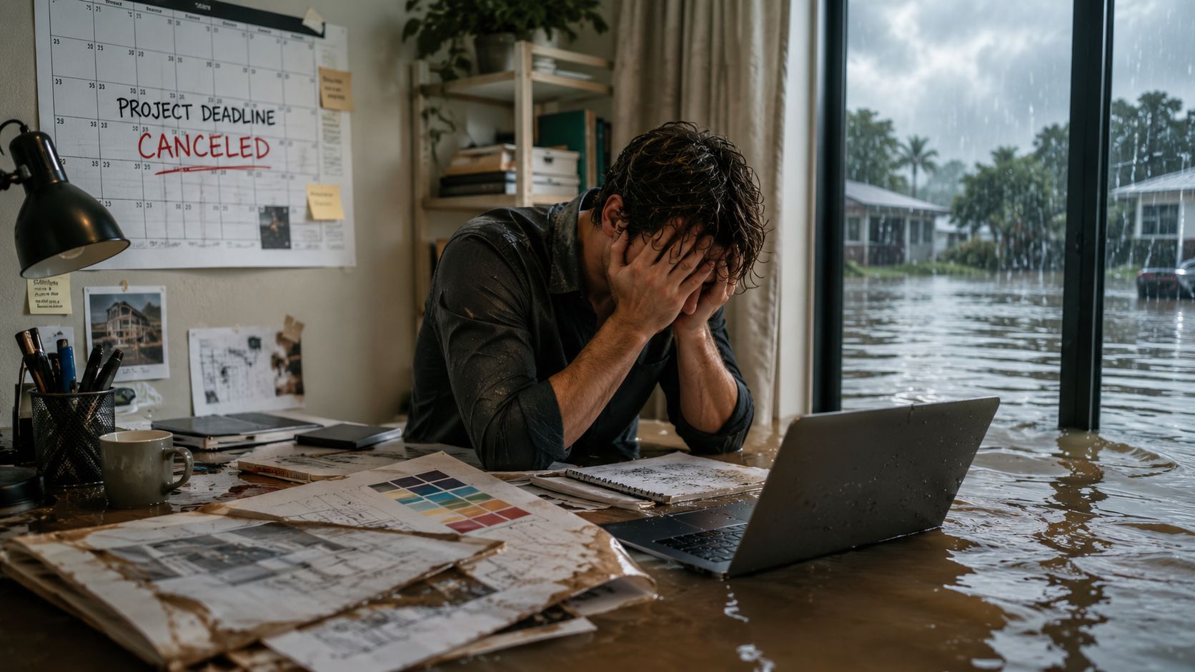 A distressed man sits at a desk in a flooded office with his head in his hands.