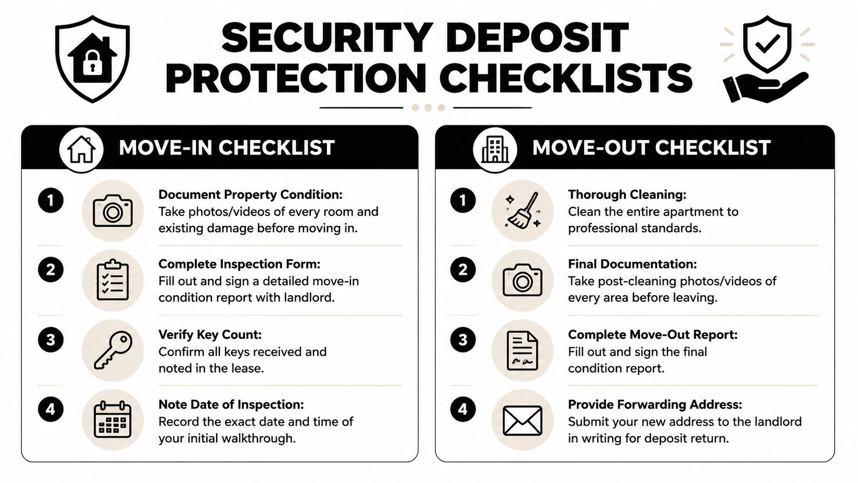 An infographic showing a security deposit protection checklist for tenants during move-in and move-out transitions.