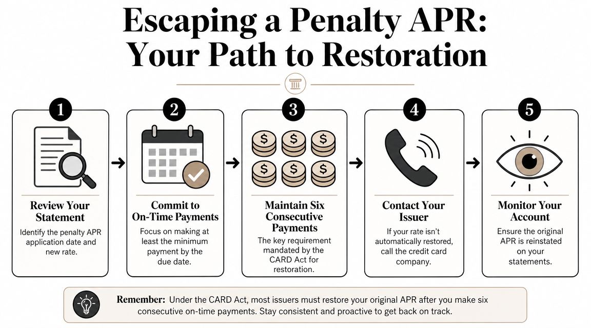 A five-step infographic showing how to remove a penalty APR from a credit card account.