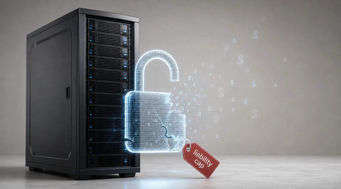 A data server with a broken holographic digital lock attached to a red liability cap tag.