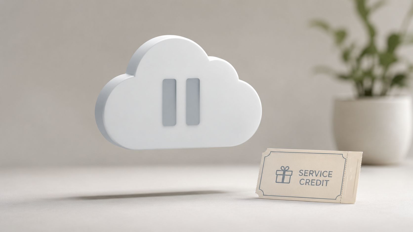 A 3D cloud icon with a pause symbol next to a ticket labeled service credit.