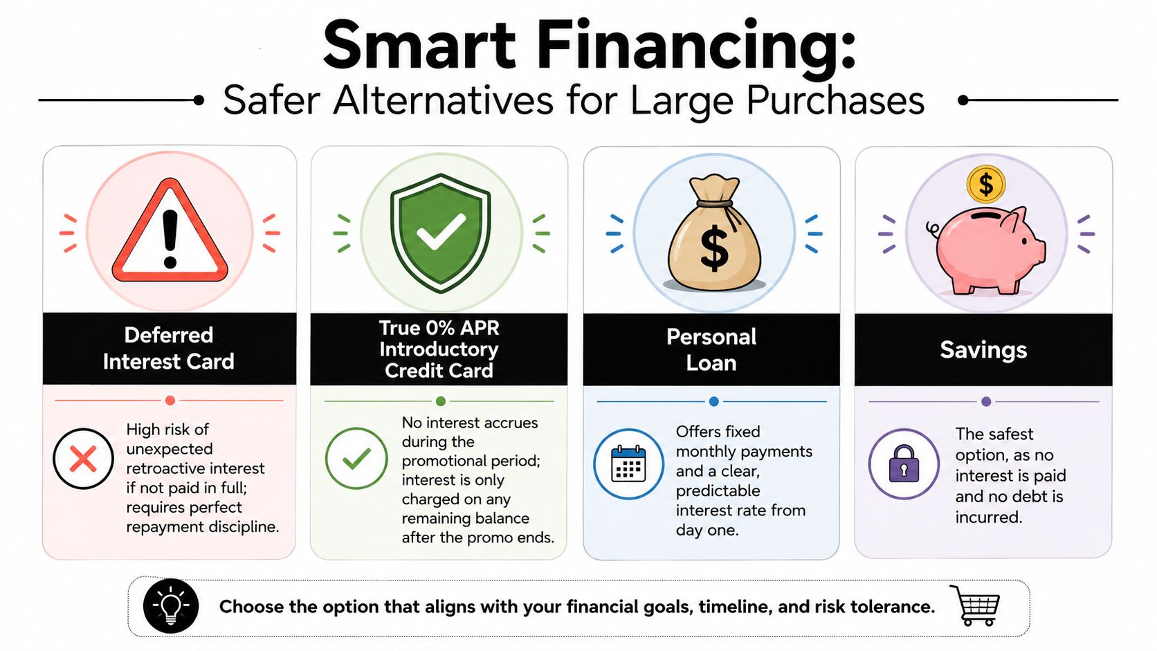 An infographic comparing different financing options for large purchases, including deferred interest cards, 0% APR cards, loans, and savings.