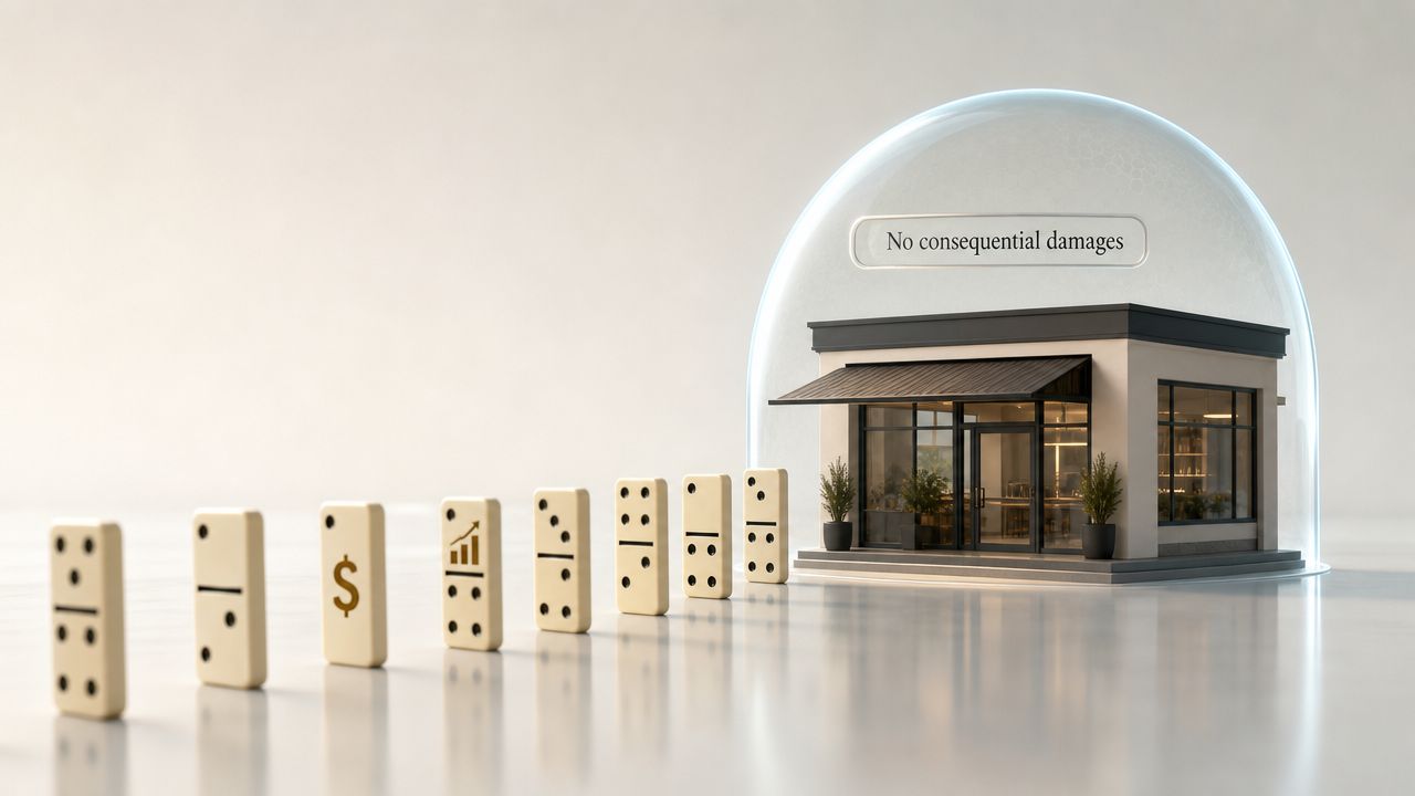 A store protected by a glass dome from a chain of dominoes representing business risks and liabilities.