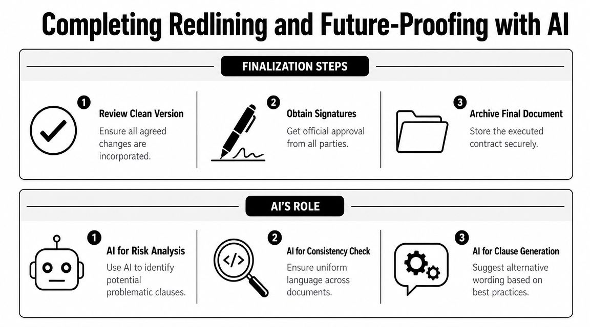 A diagram outlining contract finalization steps and the specific role of AI in redlining contracts.