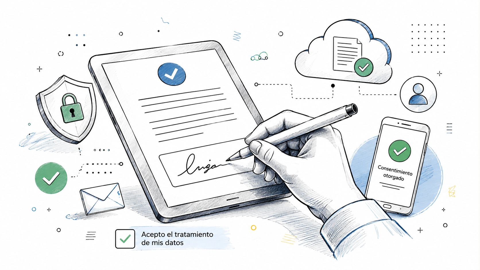 Ilustración de una mano firmando digitalmente un documento con consentimiento informado y protección de datos personales.