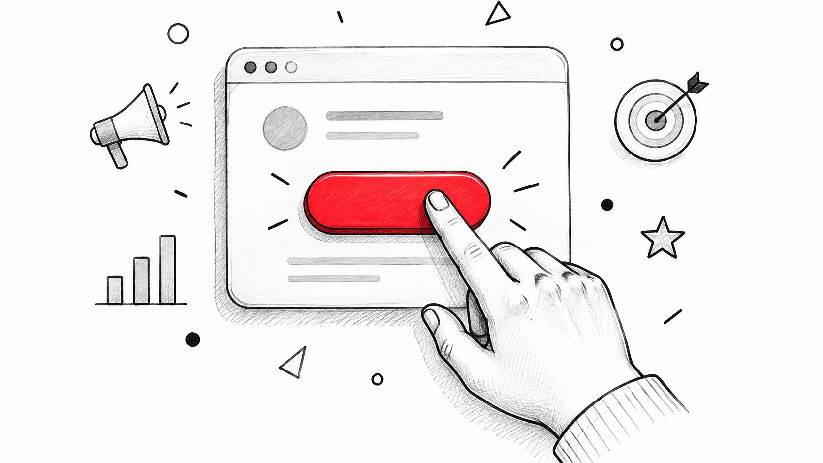 A hand finger pressing a red button on a digital interface screen surrounded by marketing business icons.